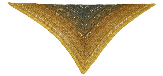 PuErhTea Shawl. A Triangular lace shawl with a gradient of colors from sage green to mustard yellow with golden tread. Laid flat.