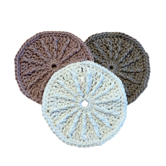 Set of round crochet resuseable makeup remover pads or radiant scrubbies in varigated colors.