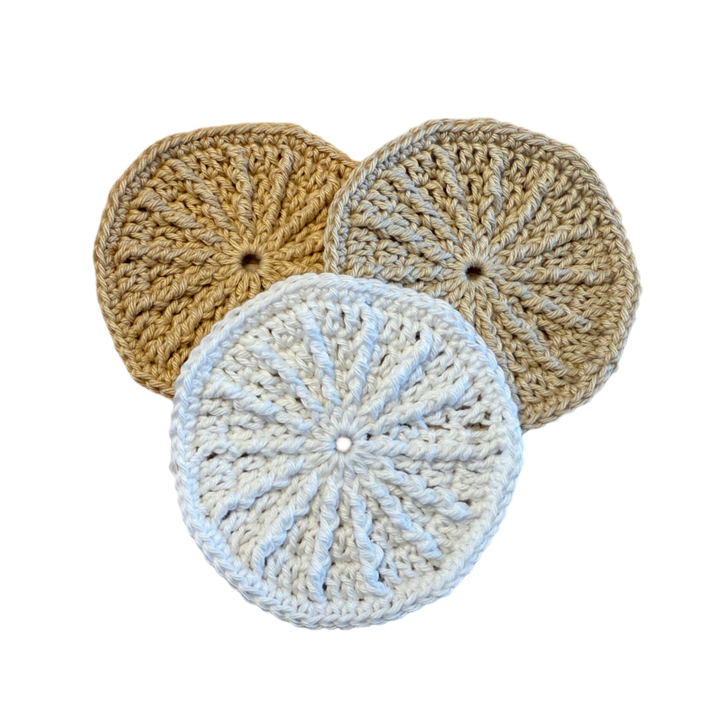 Set of round crochet resuseable makeup remover pads or radiant scrubbies in varigated colors.