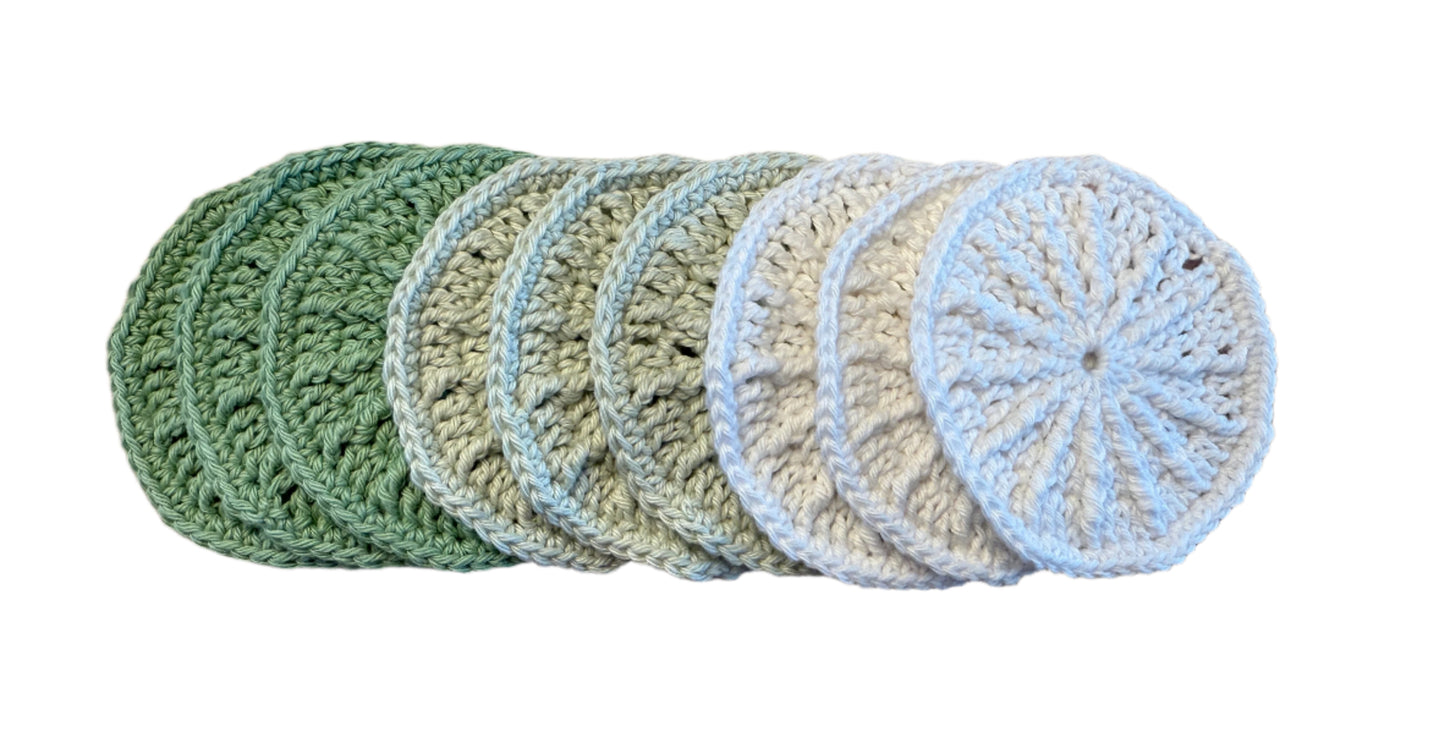Set of round crochet resuseable makeup remover pads or radiant scrubbies in varigated colors.