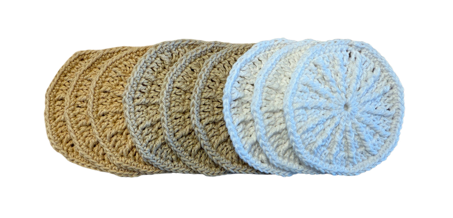 Set of round crochet resuseable makeup remover pads or radiant scrubbies in varigated colors.