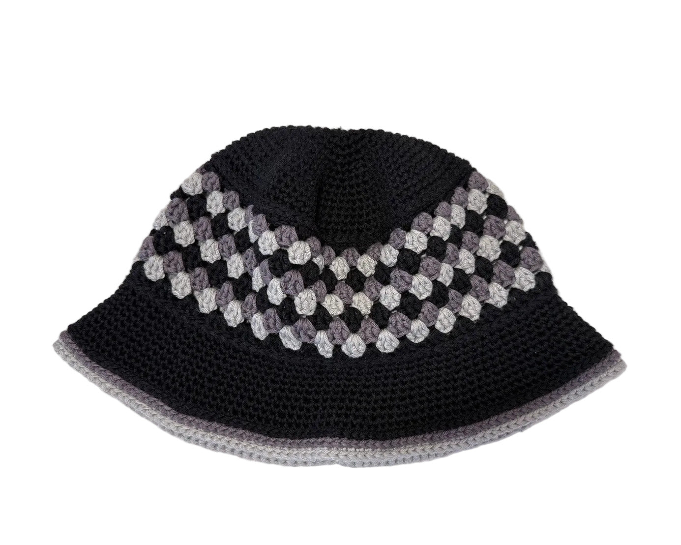 A black/grey crocheted bucket hat on a white background