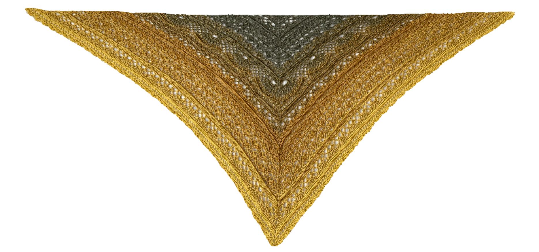 PuErhTea Shawl. A Triangular lace shawl with a gradient of colors from sage green to mustard yellow with golden tread. Laid flat.