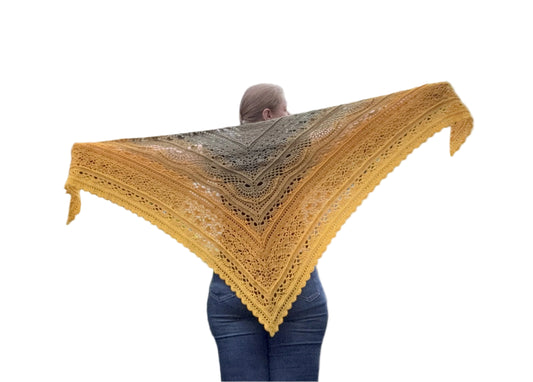 PuErhTea Shawl. A Triangular lace shawl with a gradient of colors from sage green to mustard yellow with golden tread.