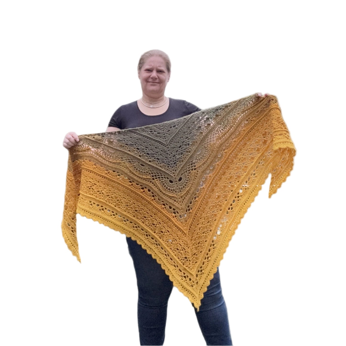 PuErhTea Shawl. A Triangular lace shawl with a gradient of colors from sage green to mustard yellow with golden tread. 