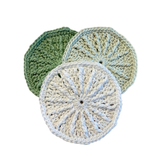 Set of round crochet resuseable makeup remover pads or radiant scrubbies in varigated colors.