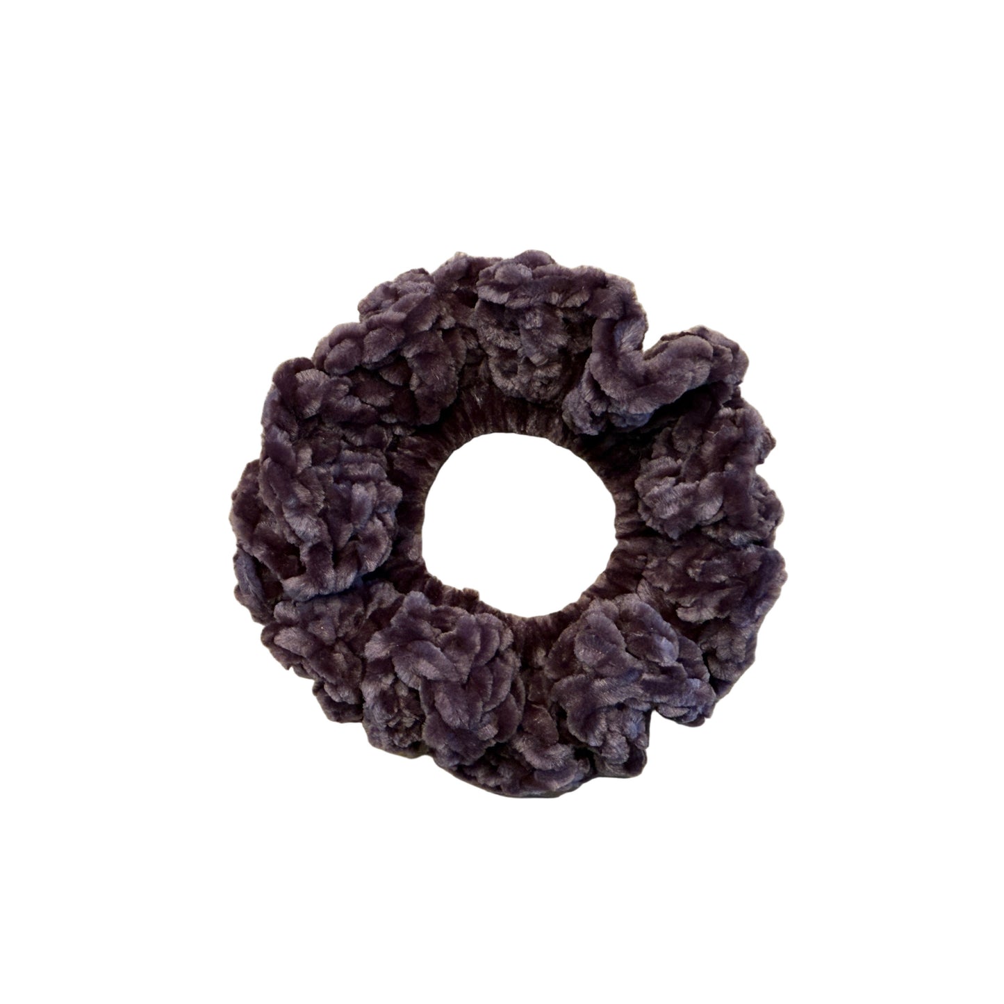 Dark lavender scrunchie on a white background